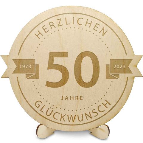 Gravierte Jubiläumsscheibe aus Holz