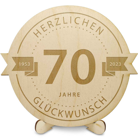 Gravierte Jubiläumsscheibe aus Holz