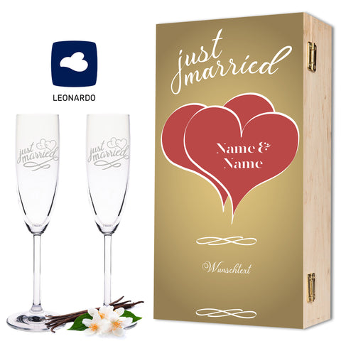 Leonardo Sektgläser "Just Married" inkl. bedruckter Holzkiste im Set