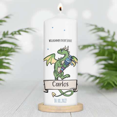 Große Kerze "Drache" mit Namen und Datum zur Einschulung