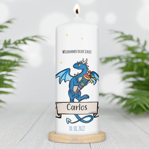 Große Kerze "Drache" mit Namen und Datum zur Einschulung