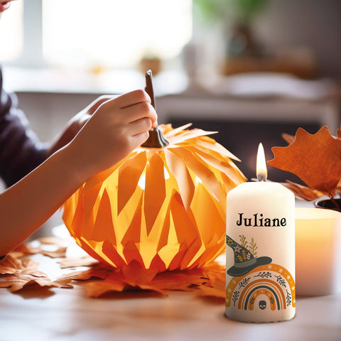 Kleine Kerze "Halloween Regenbogen" mit Namen