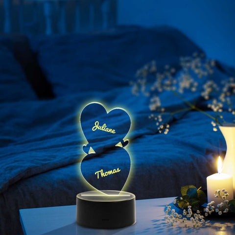 Graviertes Acrylglas mit LED-Sockel im Doppel Herz Design