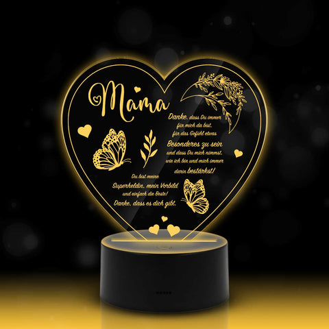 Graviertes Acrylglas im Danke Mama Design mit LED-Sockel