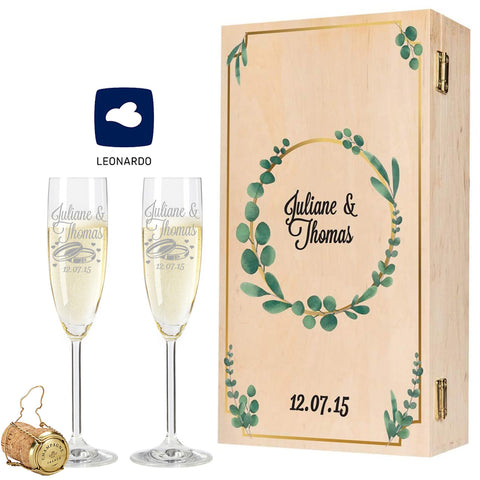 Leonardo Sektgläser mit Gravur inkl. bedruckter Holzkiste im Eukalyptus Design im Set