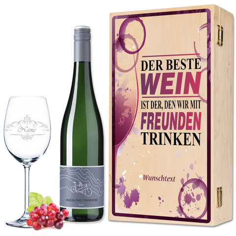 Leonardo Weinglas "Der beste Wein nur mit Freunden 2.0" inkl. bedruckter Holzkiste + Riesling Tandem