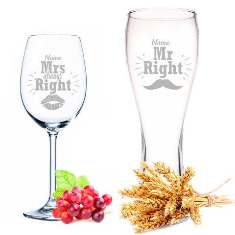 Weizenglas + Weinglas "Mr Right & Mrs Always Right" mit Namen im Set