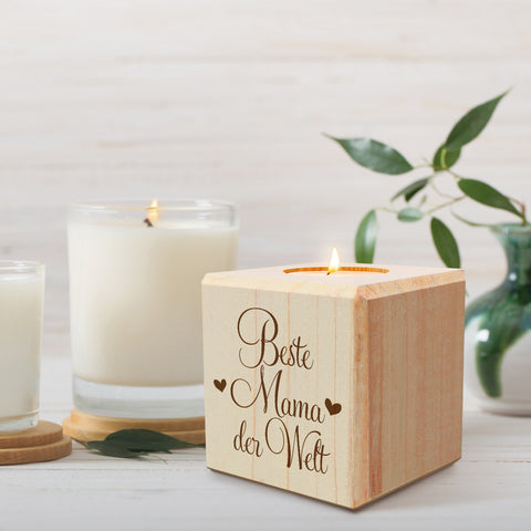Teelichthalter mit Gravur aus Holz für Mama - Beste Mama der Welt - Persönliches Geschenk für