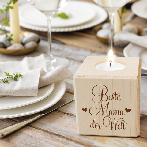 Teelichthalter mit Gravur aus Holz für Mama - Beste Mama der Welt - Persönliches Geschenk für