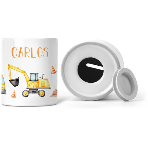 Bedruckte Spardose für Kinder - im Baustelle Design - mit Namen personalisiert