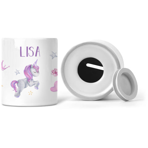 Bedruckte Spardose für Kinder - im Einhorn Design - mit Namen personalisiert