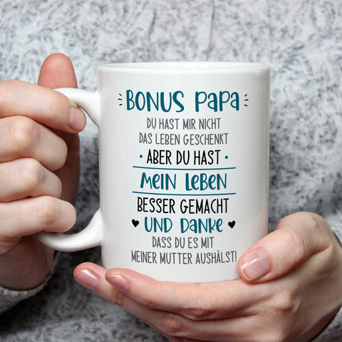 Bedruckte Tasse mit Spruch Bonus Eltern