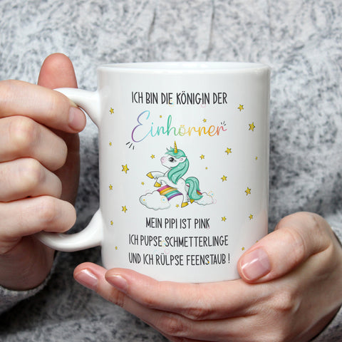 Bedruckte Tasse mit Spruch Königin der Einhörner