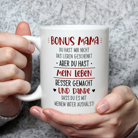 Bedruckte Tasse mit Spruch Bonus Eltern