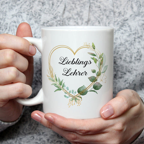 Bedruckte Tasse mit Spruch Lieblingslehrer/Lieblingslehrerin