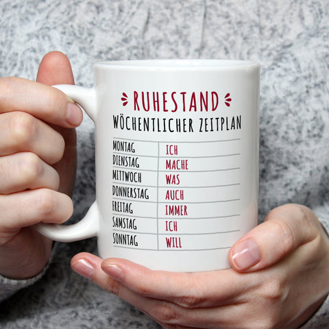 Bedruckte Tasse mit Spruch Ruhestand Plan