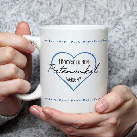 Bedruckte Tasse mit Spruch Ich habe eine wichtige Frage an dich! Patentante/Patenonkel