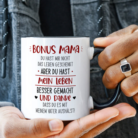 Bedruckte Tasse mit Spruch Bonus Eltern