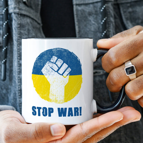 Bedruckte Tasse mit Spruch Stop War Ukraine