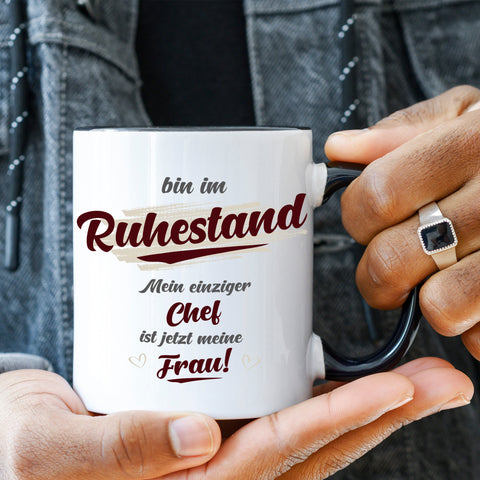 Bedruckte Tasse mit Spruch Bin im Ruhestand