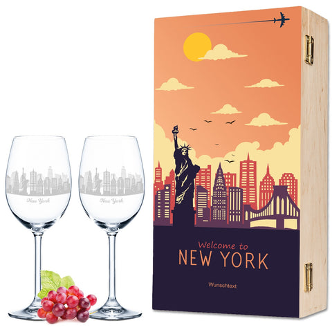 Leonardo Weingläser mit Skyline New York Gravur als Set inkl. bedruckter Holzkiste