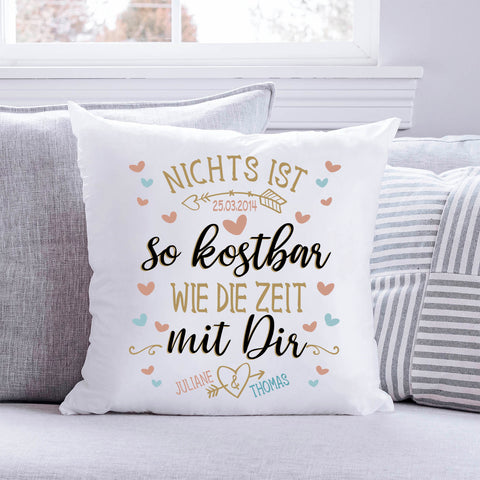 Bedrucktes Kissen mit Motiv Nichts ist so kostbar wie die Zeit mit Dir