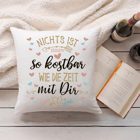 Bedrucktes Kissen mit Motiv Nichts ist so kostbar wie die Zeit mit Dir