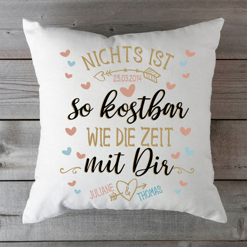 Bedrucktes Kissen mit Motiv Nichts ist so kostbar wie die Zeit mit Dir