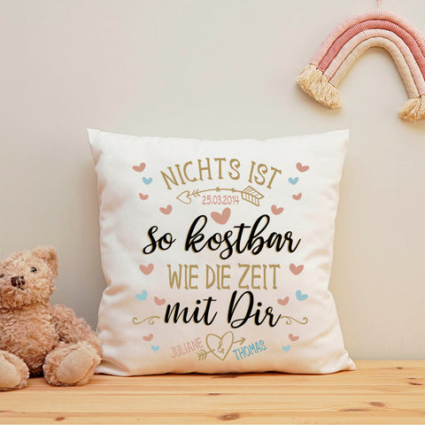 Bedrucktes Kissen mit Motiv Nichts ist so kostbar wie die Zeit mit Dir