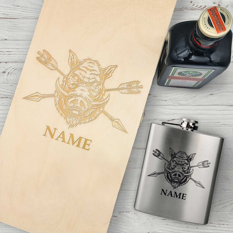 Flachmann aus Edelstahl Geschenkset - personalisiert mit Jägermeister im Set