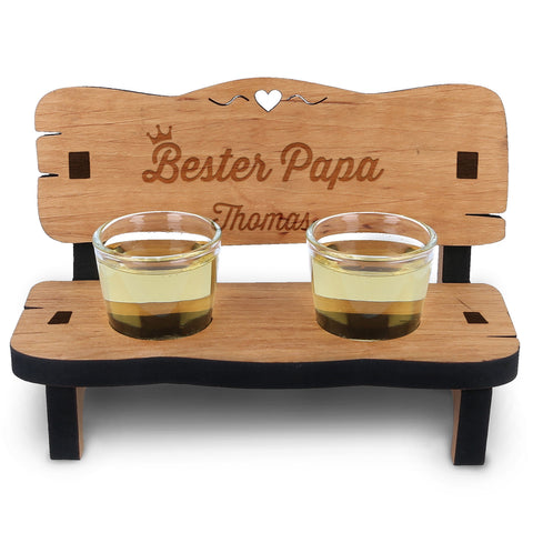Gravierte Schnapsbank mit Name im Bester Papa Design + 2 Schnapsgläser