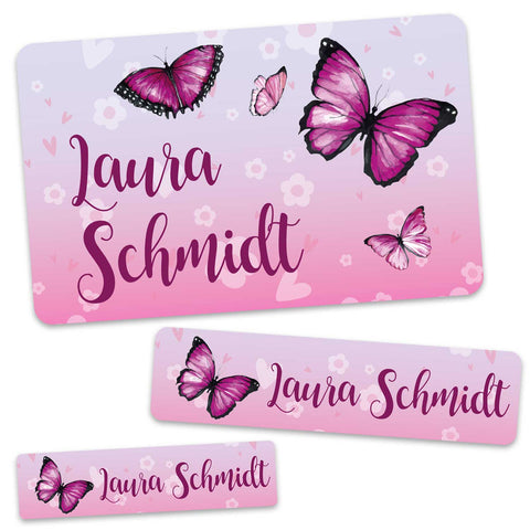 Schuletiketten mit Namen - Schmetterling Design - 100 Aufkleber in verschiedenen Größen