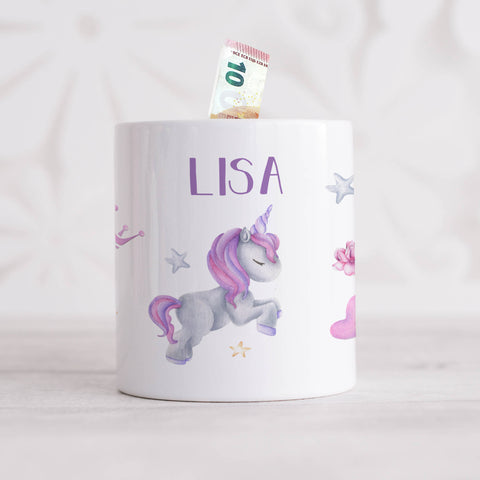 Bedruckte Spardose für Kinder - im Einhorn Design - mit Namen personalisiert