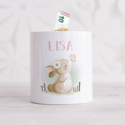 Bedruckte Spardose für Kinder - im Hasen Design - Personalisiert mit Namen