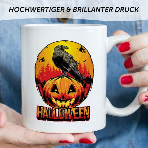Bedruckte Tasse mit Motiv im Halloween Raben Design