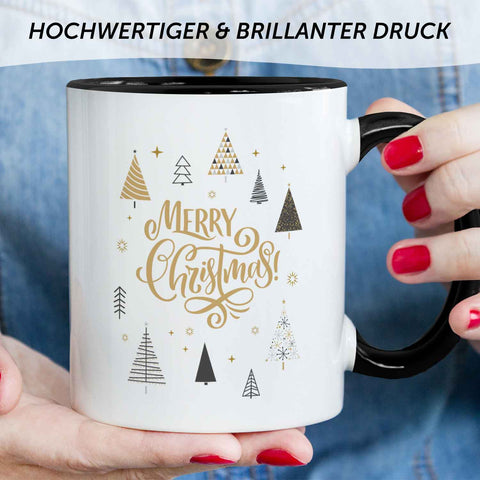Bedruckte Tasse mit Weihnachtsmotiv im Weihnachtsbäume Design