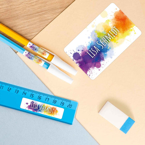 Schuletiketten mit Namen - Color Splash Design - 100 Aufkleber in verschiedenen Größen