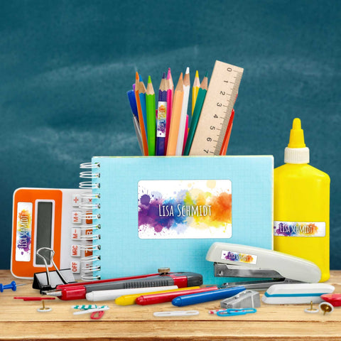 Schuletiketten mit Namen - Color Splash Design - 100 Aufkleber in verschiedenen Größen