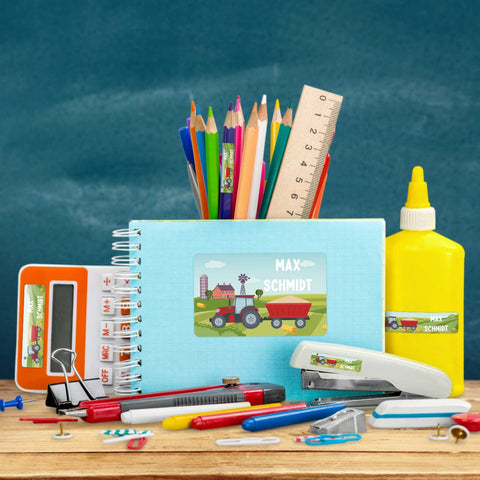 Schuletiketten mit Namen - Traktor Design - 100 Aufkleber in verschiedenen Größen