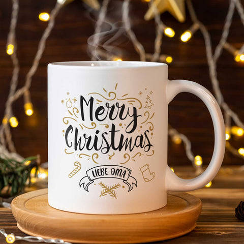 Bedruckte Tasse mit Weihnachtsmotiv im Merry Christmas Liebe Oma Design
