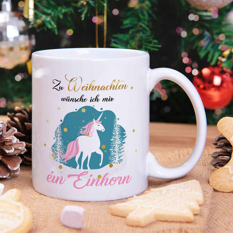 Bedruckte Tasse mit Weihnachtsmotiv - Zu Weihnachten wünsche ich mir ein Einhorn