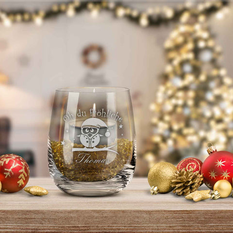 Teelicht mit Gravur - Weihnachtsdeko - Oh du fröhliche - Personalisiert mit Name