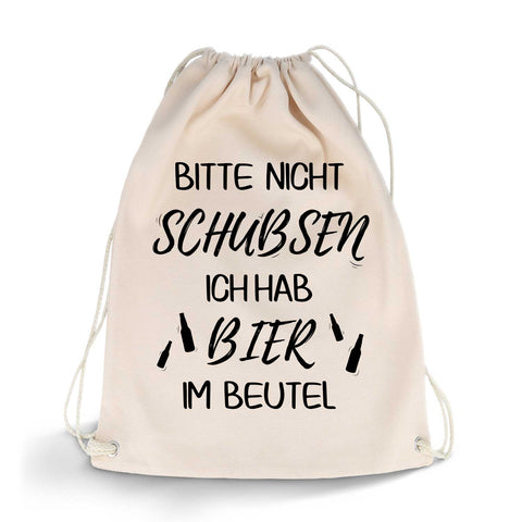 Bedruckter Turnbeutel mit Spruch Bier im Beutel
