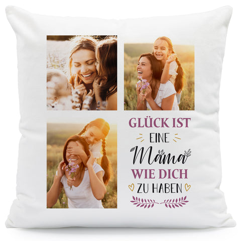 Bedrucktes Kissen mit Spruch Glück ist eine Mama wie dich zu haben & eigenen Fotos