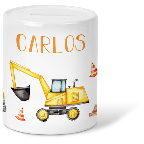 Bedruckte Spardose für Kinder - im Baustelle Design - mit Namen personalisiert