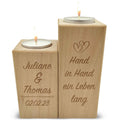 Graviertes Teelichthalter Set aus Holz im "Hand in Hand" Design