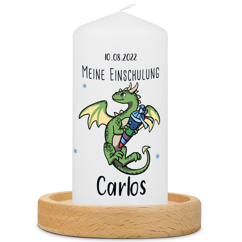 Kleine Kerze "Drache" mit Namen und Datum zur Einschulung