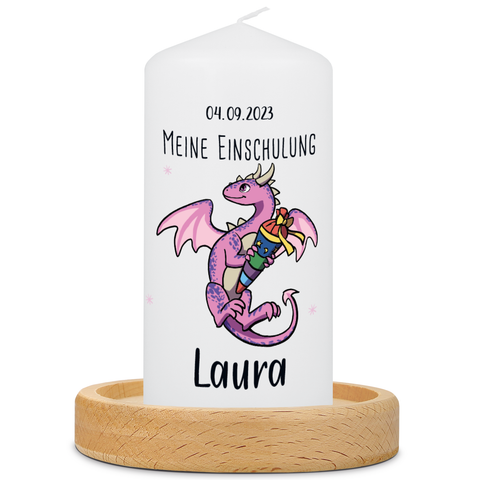 Kleine Kerze "Drache" mit Namen und Datum zur Einschulung