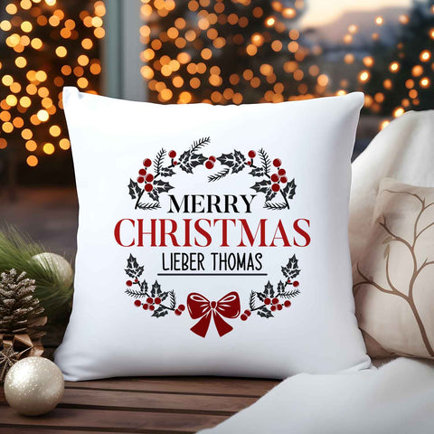 Kissen mit Weihnachtsmotiv und Name - Merry Christmas Kranz - Weihnachtsdeko - Für Frauen & Männer