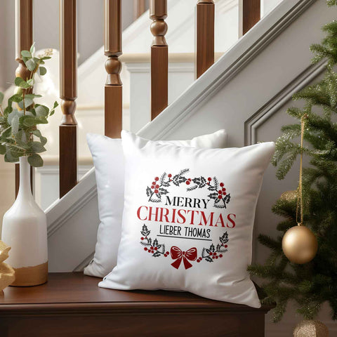 Kissen mit Weihnachtsmotiv und Name - Merry Christmas Kranz - Weihnachtsdeko - Für Frauen & Männer